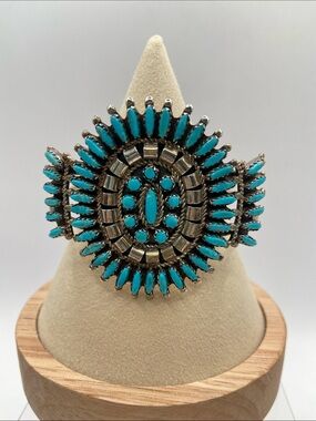 Nathanial & Rosemary Nez Sterling Silver Needlepoint Turquoise Cuff Bracelet
